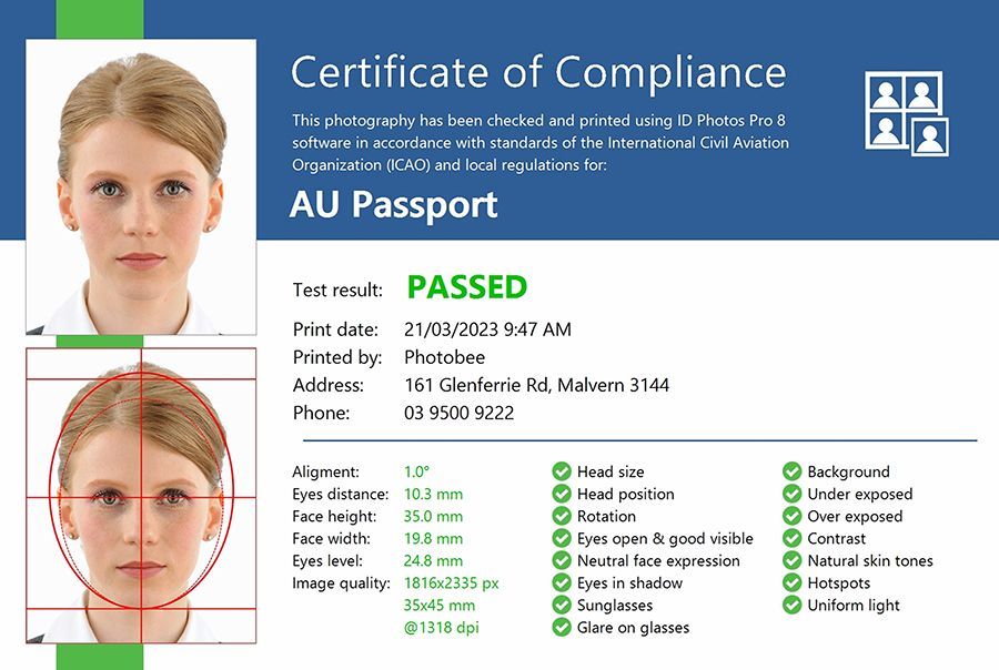 AU Passport compliance certificate with face photos, measurements, and green pass results