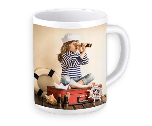 Child sitting in a suitcase, looking through a telescope, on a white mug