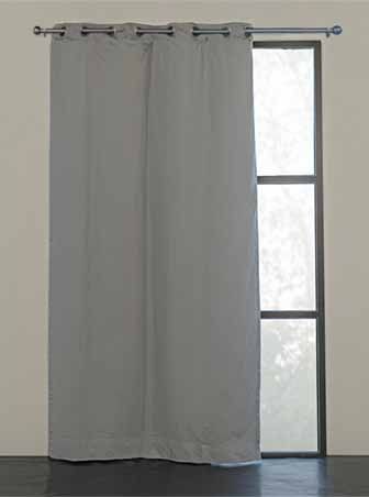 Gray curtain covering a window, with a narrow uncovered pane on the right