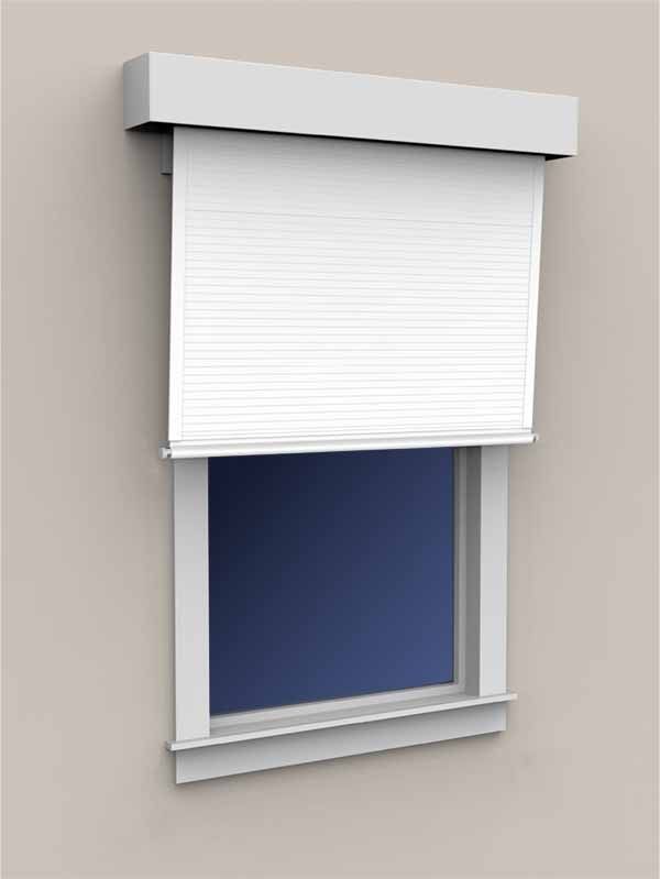 Closed white window shade over a window with a blue pane and gray trim on a beige wall