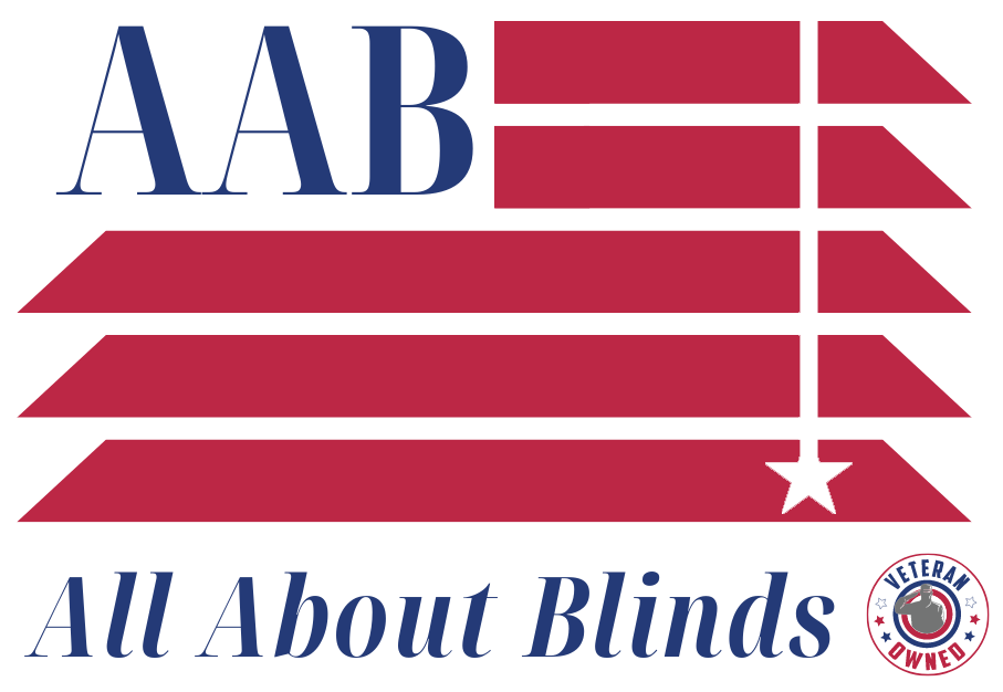 AAB logo with red stripes and blue text reading “All About Blinds”
