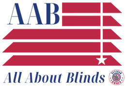 AAB logo with red stripes and blue text reading “All About Blinds”