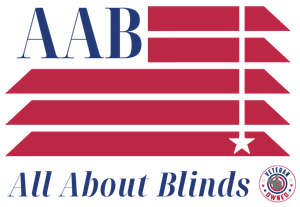 AAB logo with red stripes and blue text reading “All About Blinds”