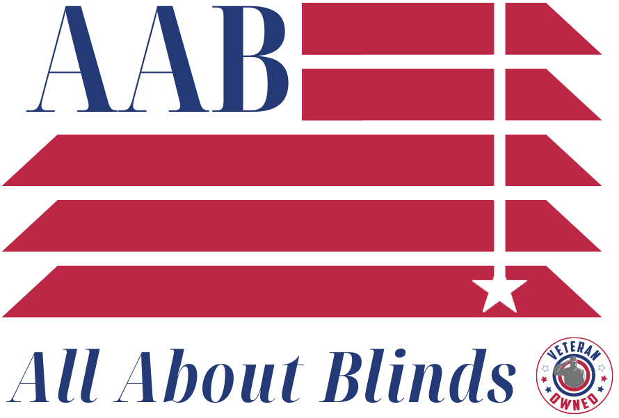AAB All About Blinds logo with red window blinds and blue text
