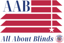 AAB All About Blinds logo with red window blinds and blue text