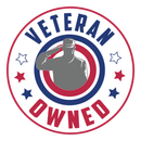 Veteran Owned badge with a gray saluting silhouette, red and blue rings, and stars
