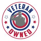 Veteran Owned badge with a gray saluting silhouette, red and blue rings, and stars