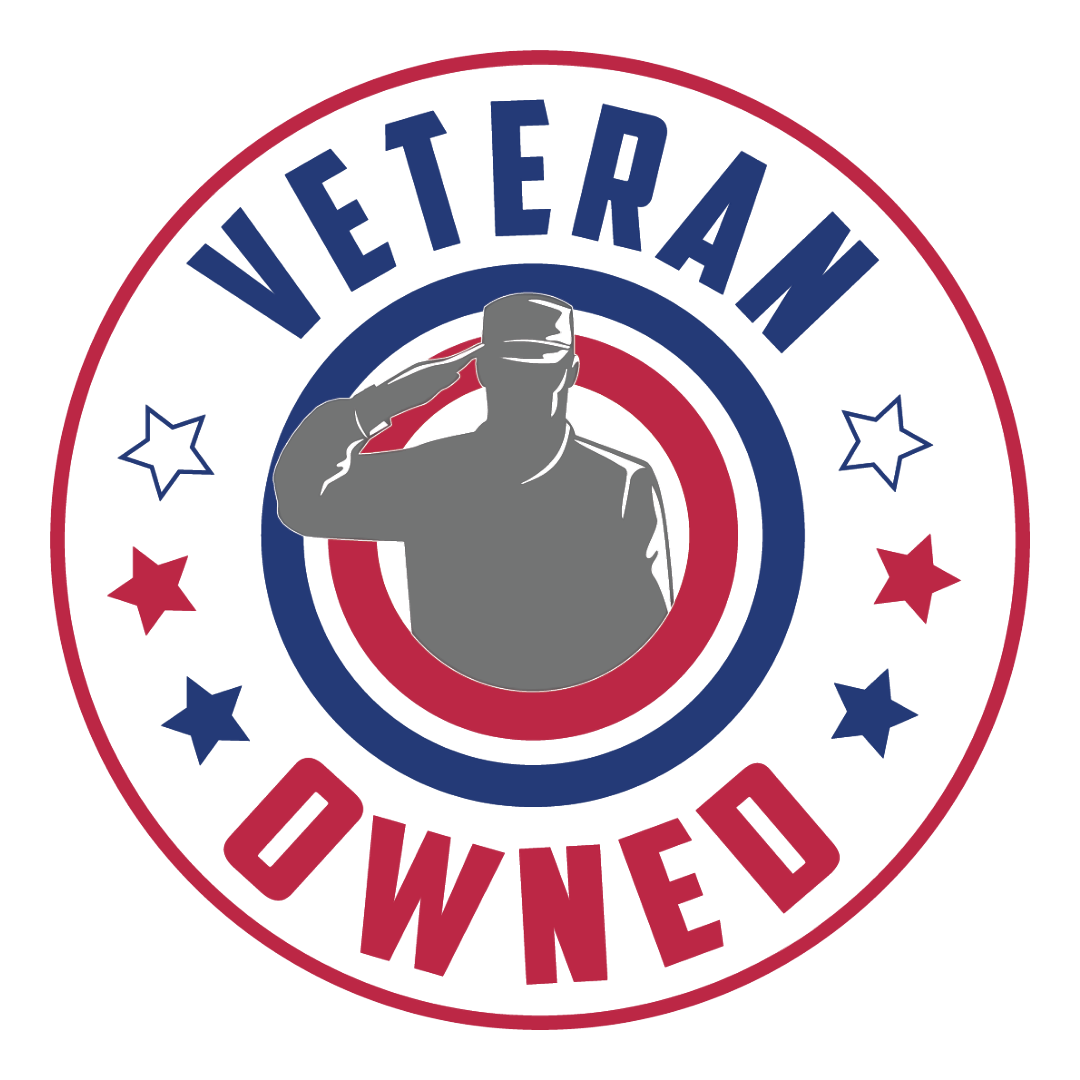 Veteran Owned badge with a gray saluting silhouette, red and blue rings, and stars