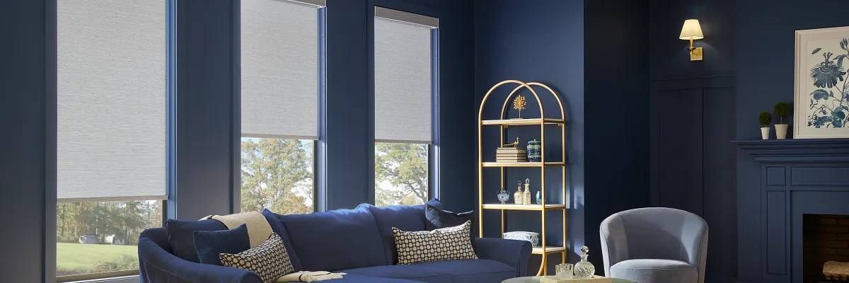 Graber® Roller Shades on windows in a moody, dark blue sitting room of a home