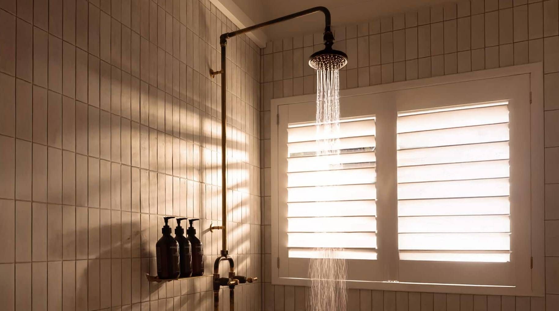 Norman® AquaShield™ Shutters on a window in a bathroom as the shower runs