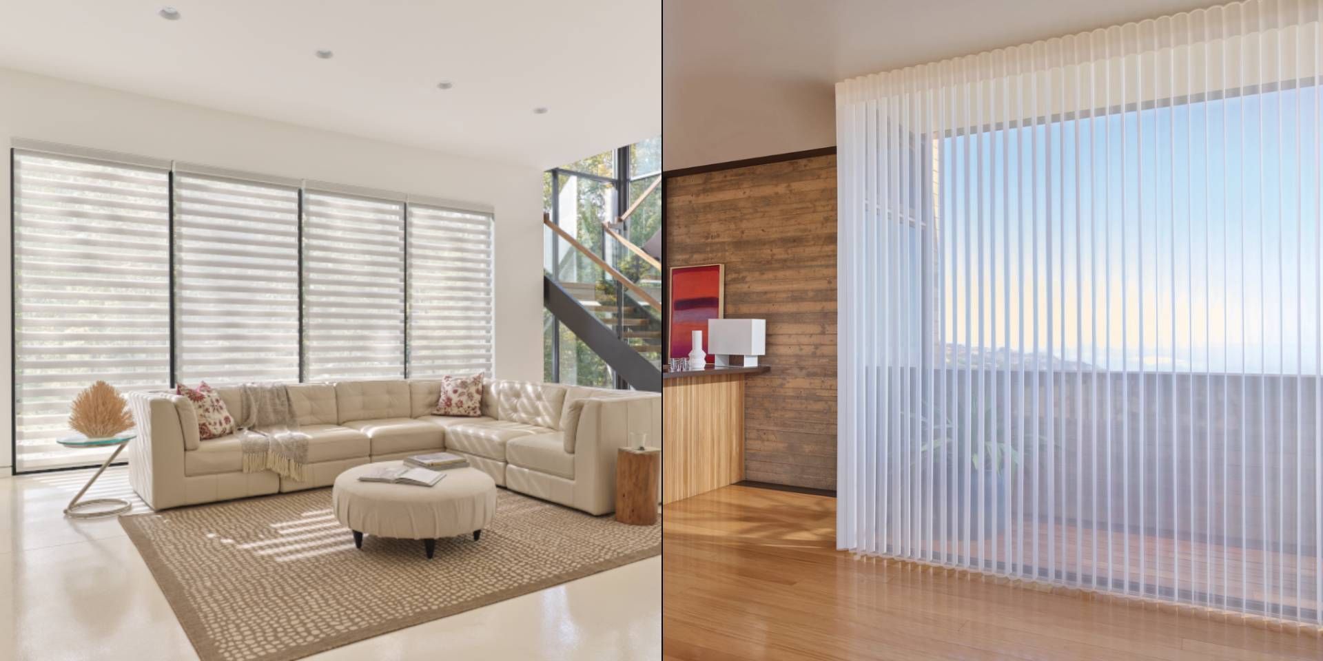A comparison image of Hunter Douglas zebra or Designer Banded Shades versus sheer shades