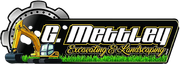 Logo for G-Mettley Excavating & Landscaping with excavator and gear graphics