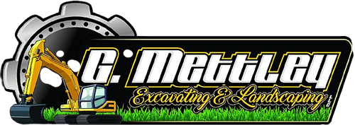 Logo for G-Mettley Excavating & Landscaping with excavator and gear graphics