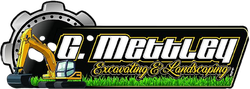 Logo for G-Mettley Excavating & Landscaping with excavator and gear graphics