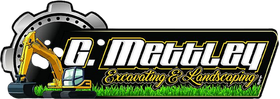 Logo for G-Mettley Excavating & Landscaping with excavator and gear graphics