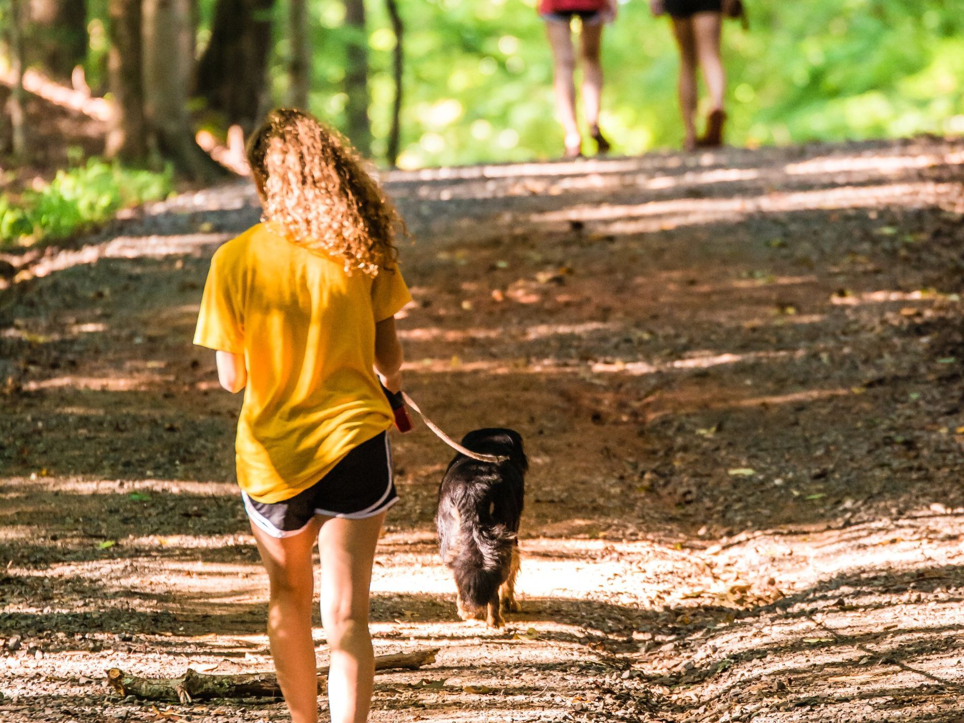 A woman is walking a dog on a leash on a dirt path.