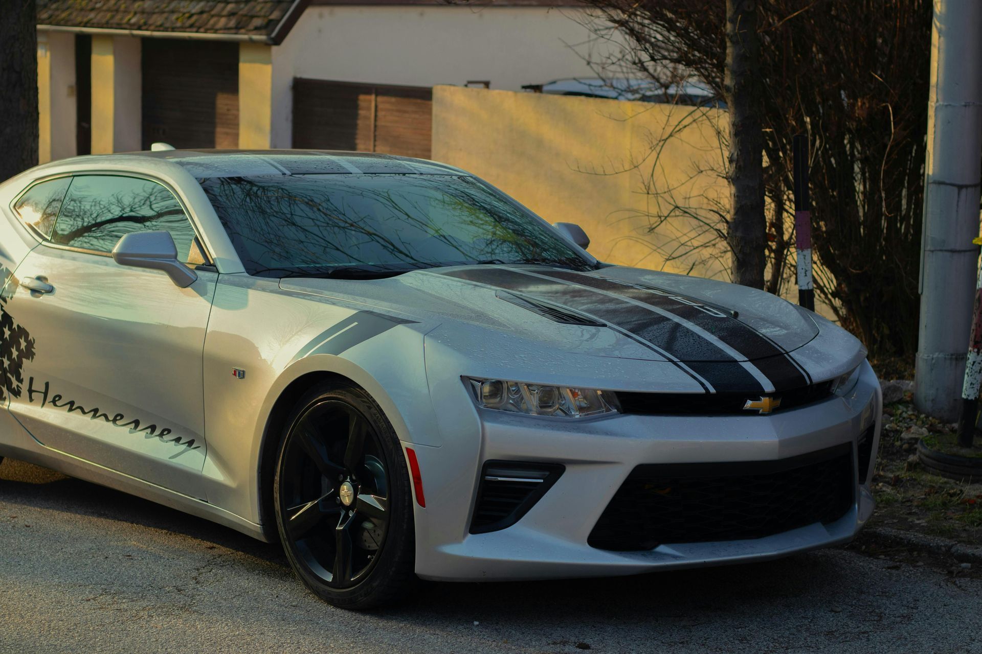 Silver sports coupe parked in a driveway beside a house, with black racing stripes and tinted windows