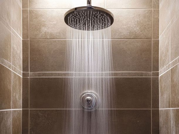A shower head is turned on and water is coming out of it.