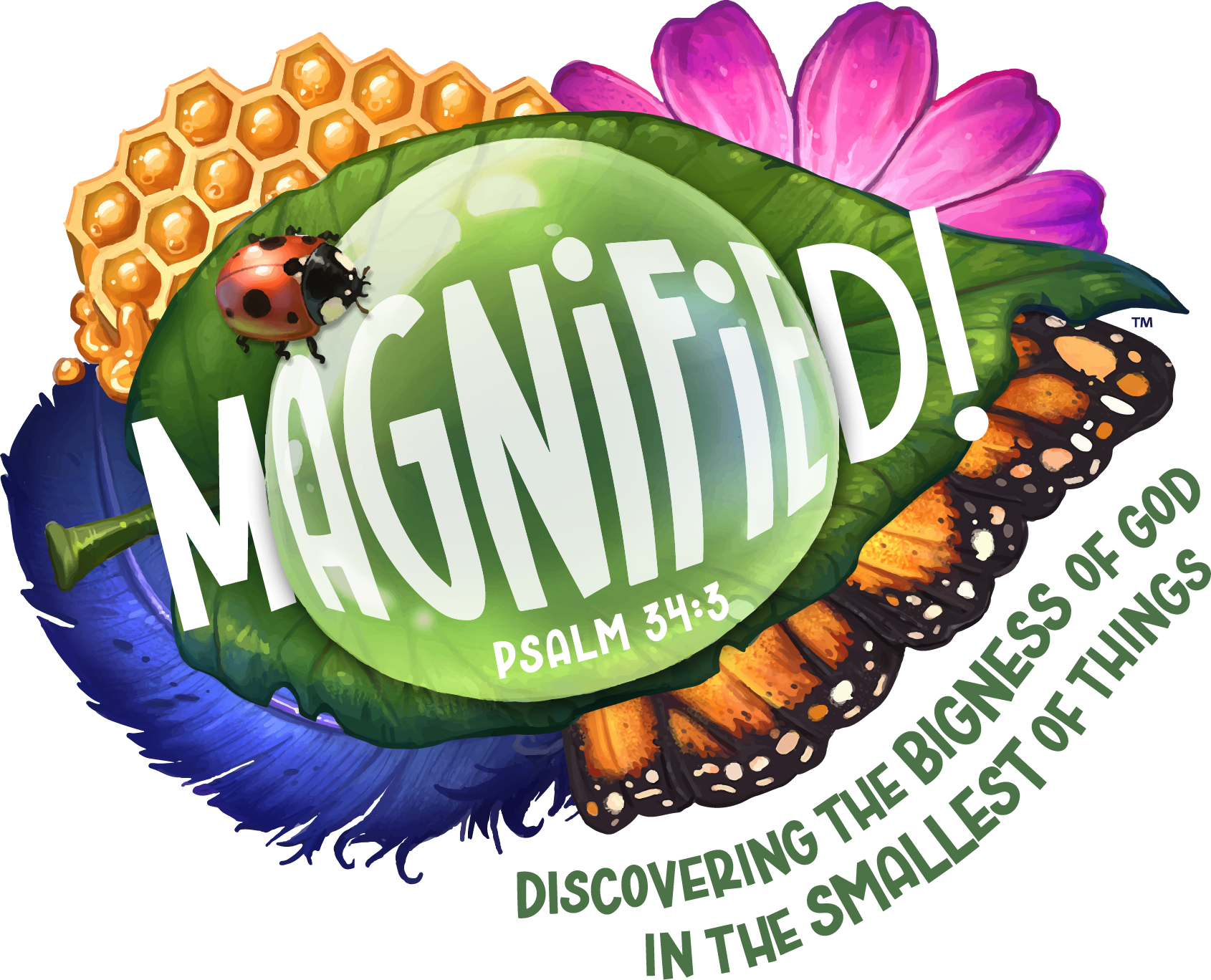 A ladybug sits on a green leaf with the words magnified on it