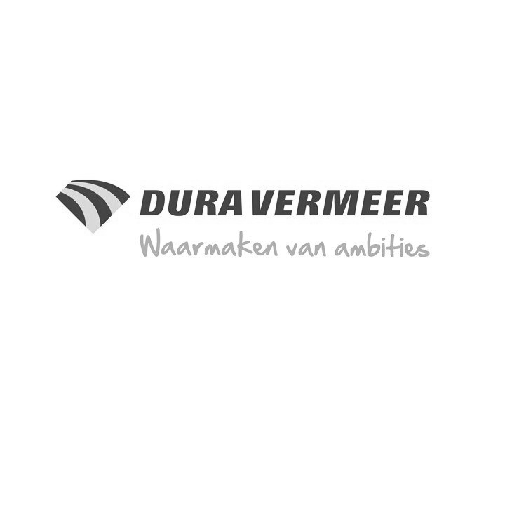 DURA VERMEER logo with gray striped icon and tagline “Waarmaken van ambities”