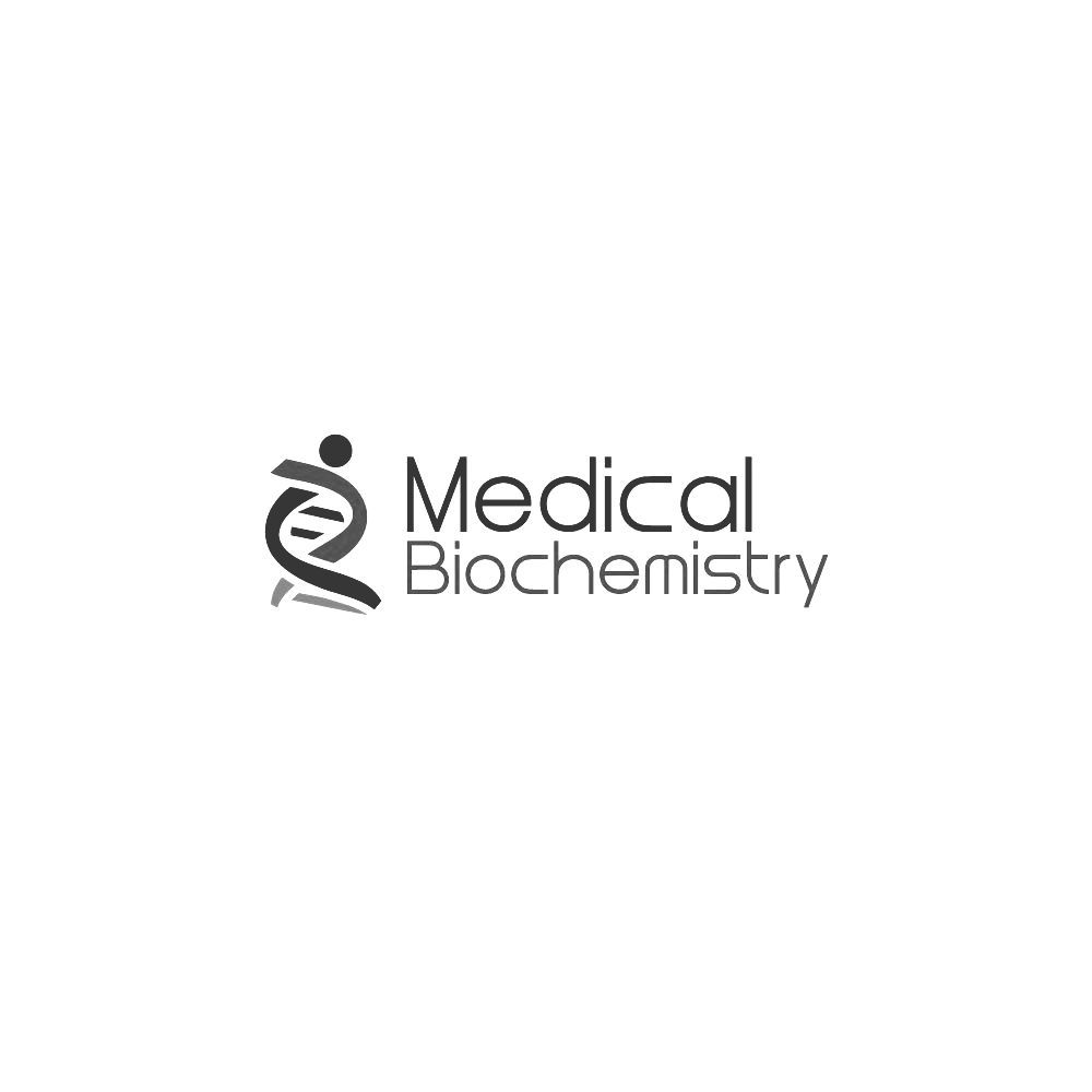 Logo van de medische biochemie met een DNA-helix-icoon in grijs op een witte achtergrond.