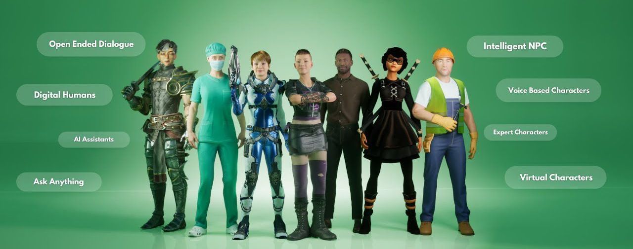 Zes kleurrijke sciencefictionfiguren in kostuums staan tegen een groene achtergrond met tekstballonnen.