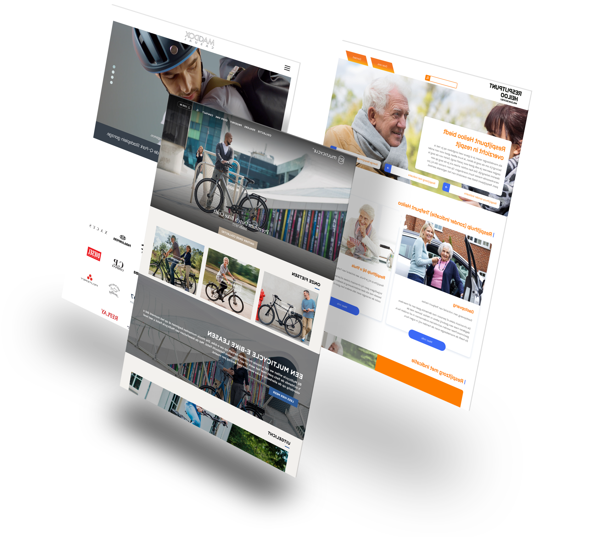 Collage van pagina's van een zorgwebsite met oranje en witte accenten, waarop een rolstoel, artsen en patiënten te zien zijn.