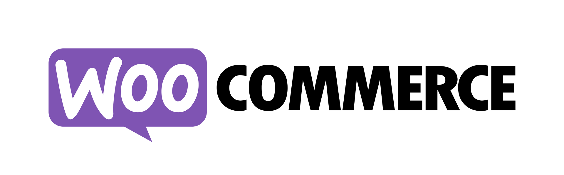 WooCommerce-logo met paarse tekstballon en dikke zwarte tekst.