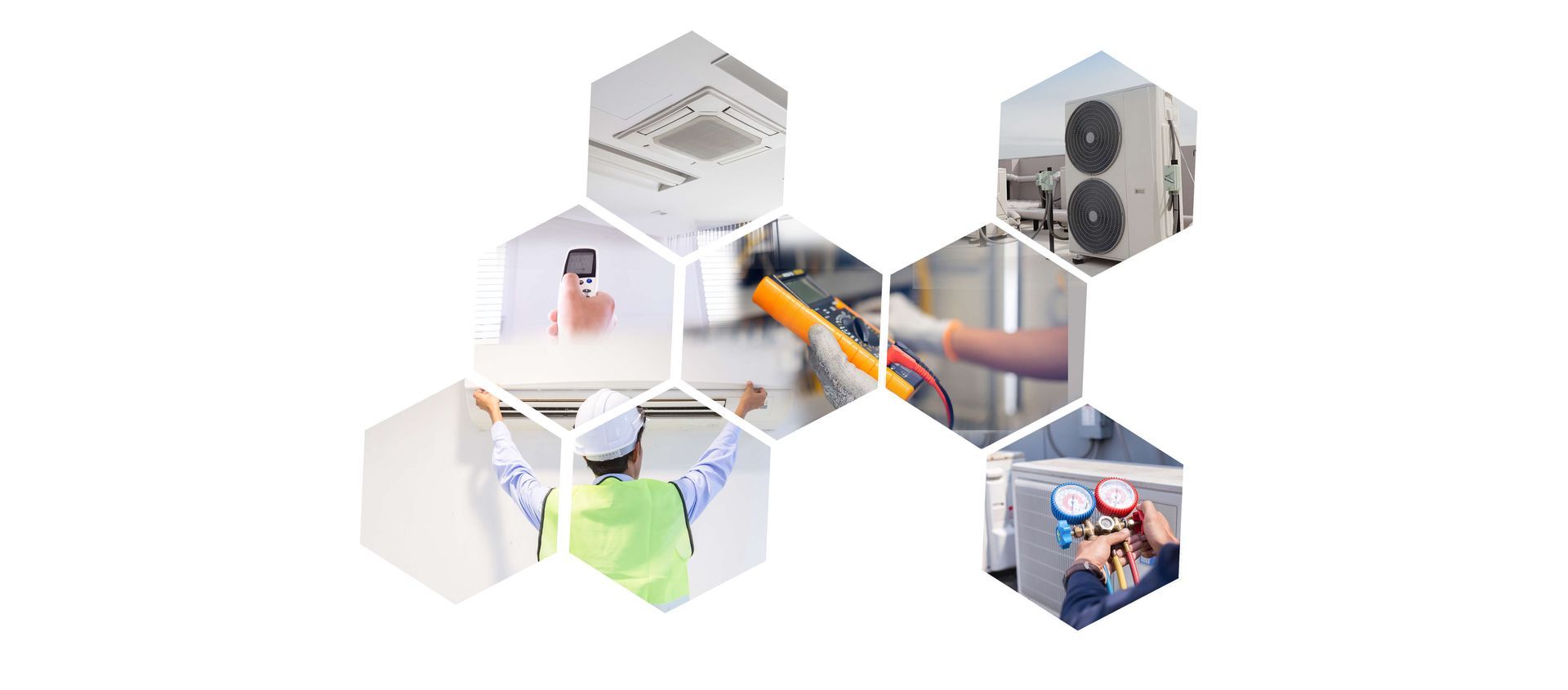 Hexagon collage of HVAC, ventilation, and air-handling equipment in a clean white layout