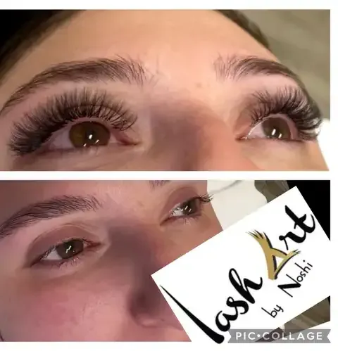 Close-up of eyes with dramatic eyelash extensions, before-and-after comparison, with a salon watermark.