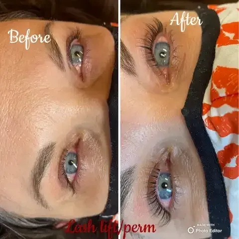 Before and after close-up of blue eyes with lash lift/perm makeup effect.