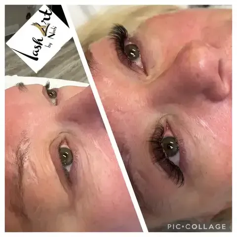 Collage of close-up face photos showing an eye makeup transformation on a person with green eyes.