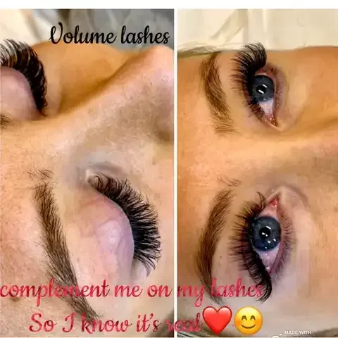 Before-and-after close-up of blue eyes with volume eyelash extensions, labeled “Volume lashes” and “compliment me on lashes.”