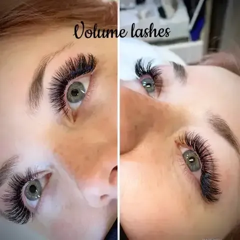 Collage of dramatic volume eyelash extensions on a woman’s eyes, with “Volume lashes” text.