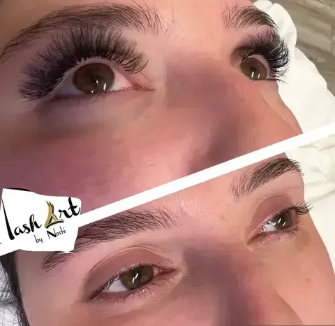 Before-and-after close-up of eyelash extensions, showing fuller lashes above and natural lashes below