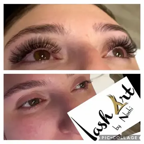 Before-and-after close-up of eyes with dramatic eyelash extensions; “lash lift” text overlay.