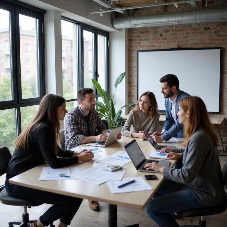 Team meeting in a bright office, with five people around a table using laptops and papers.