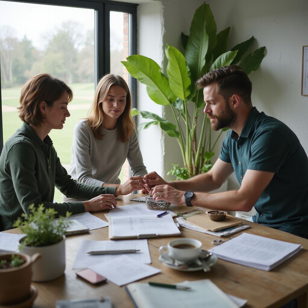 Three people in a bright office discussing papers around a table with a laptop and coffee cups