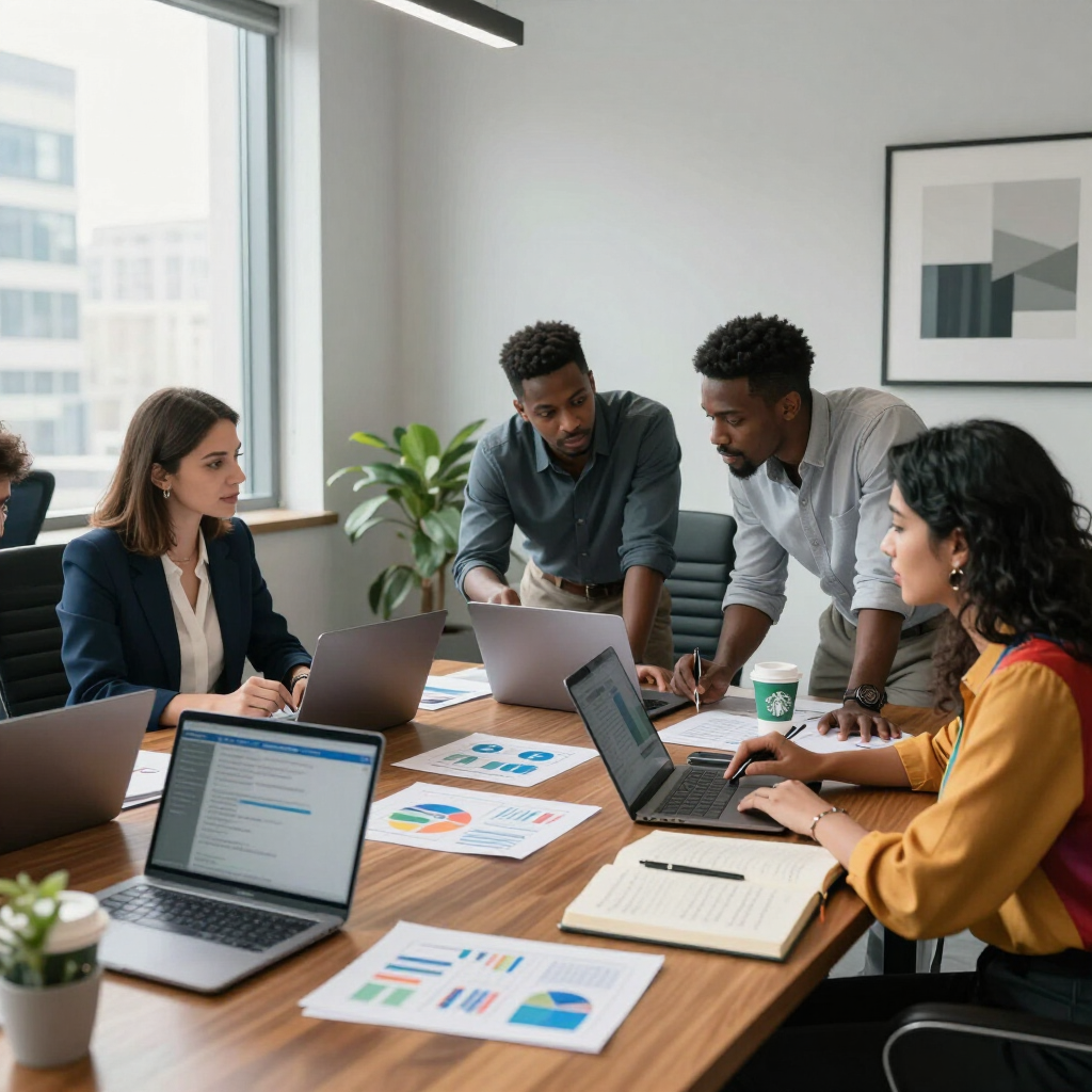 Team meeting in a bright office, with laptops and charts spread across a conference table.