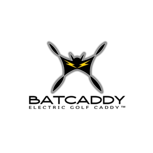 BatCaddy logo with black quadcopter icon and yellow accents, “BATCADDY Electric Golf Caddy” text below
