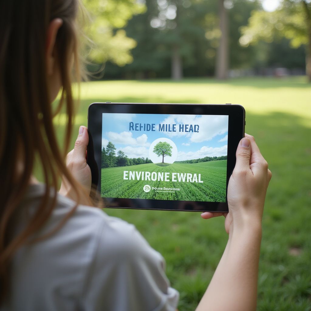 Person holding a tablet displaying a park scene and text outdoors