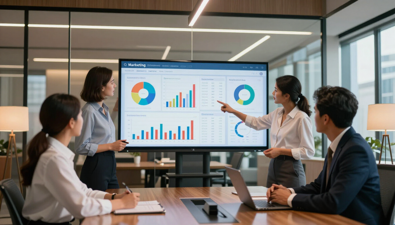 Team meeting in a glass conference room, with four people reviewing colorful charts on a presentation screen.