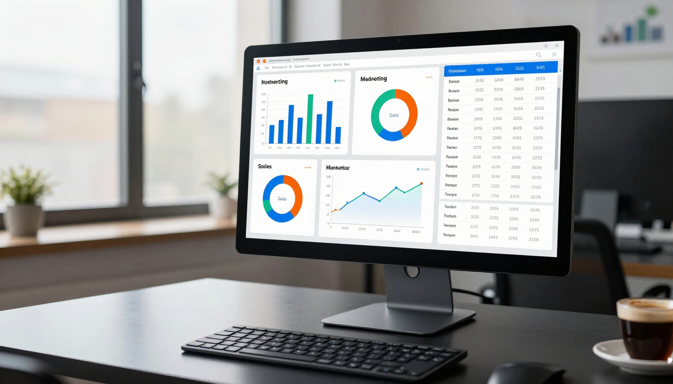 Desktop monitor displaying business analytics dashboards with charts and tables on a desk in an office setting