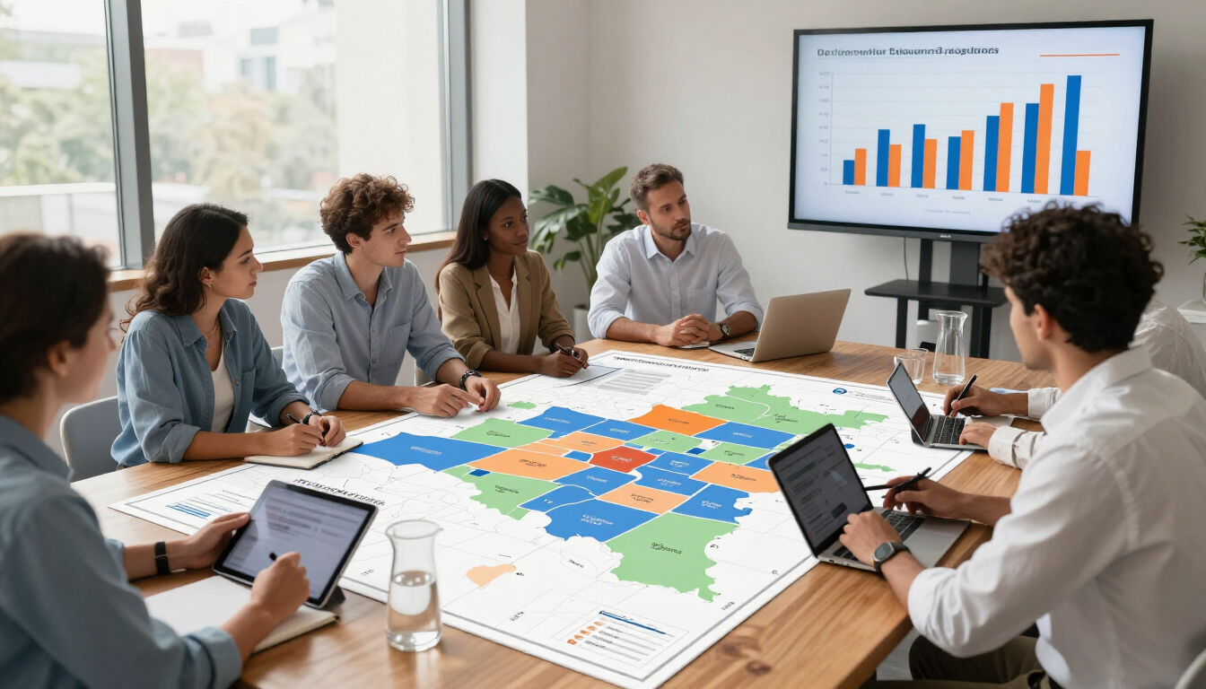 Team meeting around a table with colorful maps and a wall screen showing a rising bar chart.