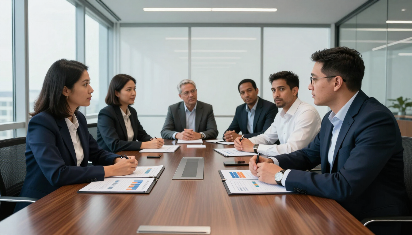 Business meeting in a conference room, with six people seated around a wooden table discussing documents.