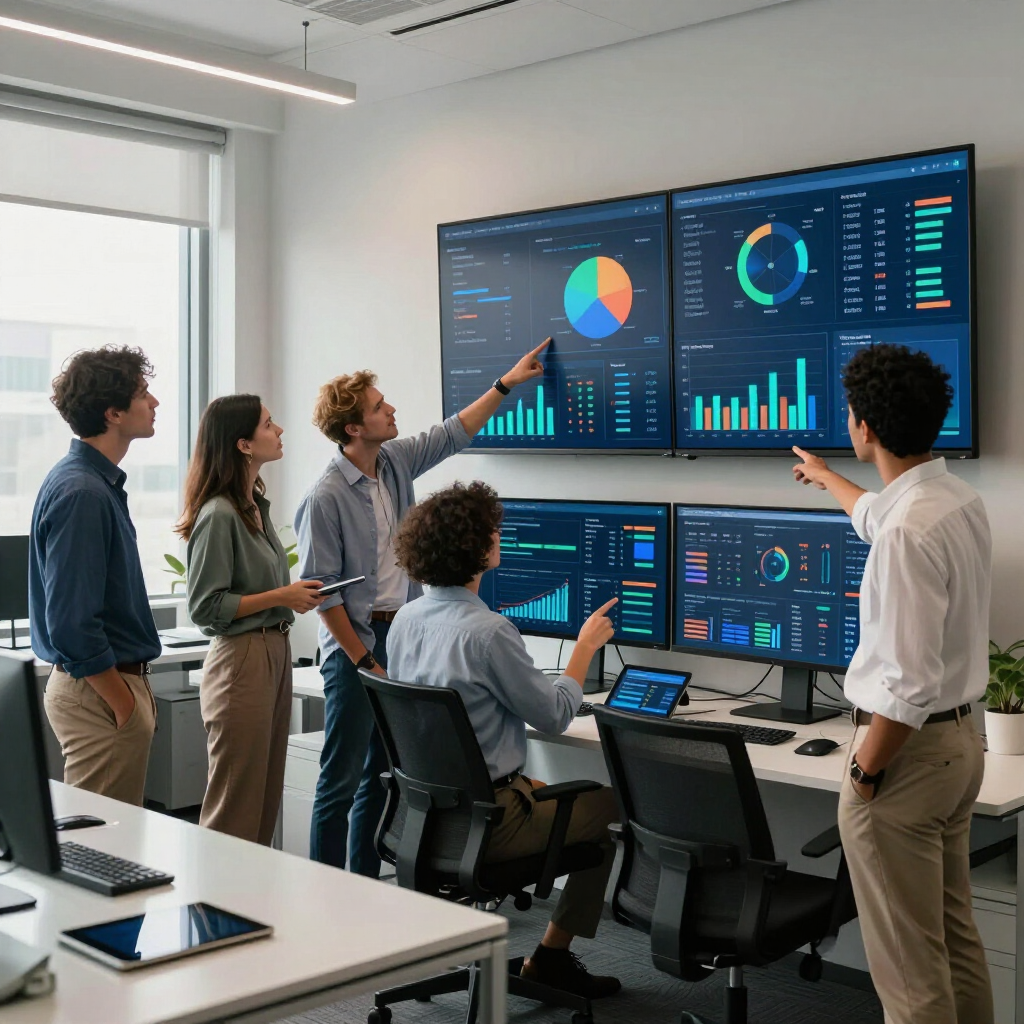 Team analyzing business dashboards on large wall screens in a modern office meeting room
