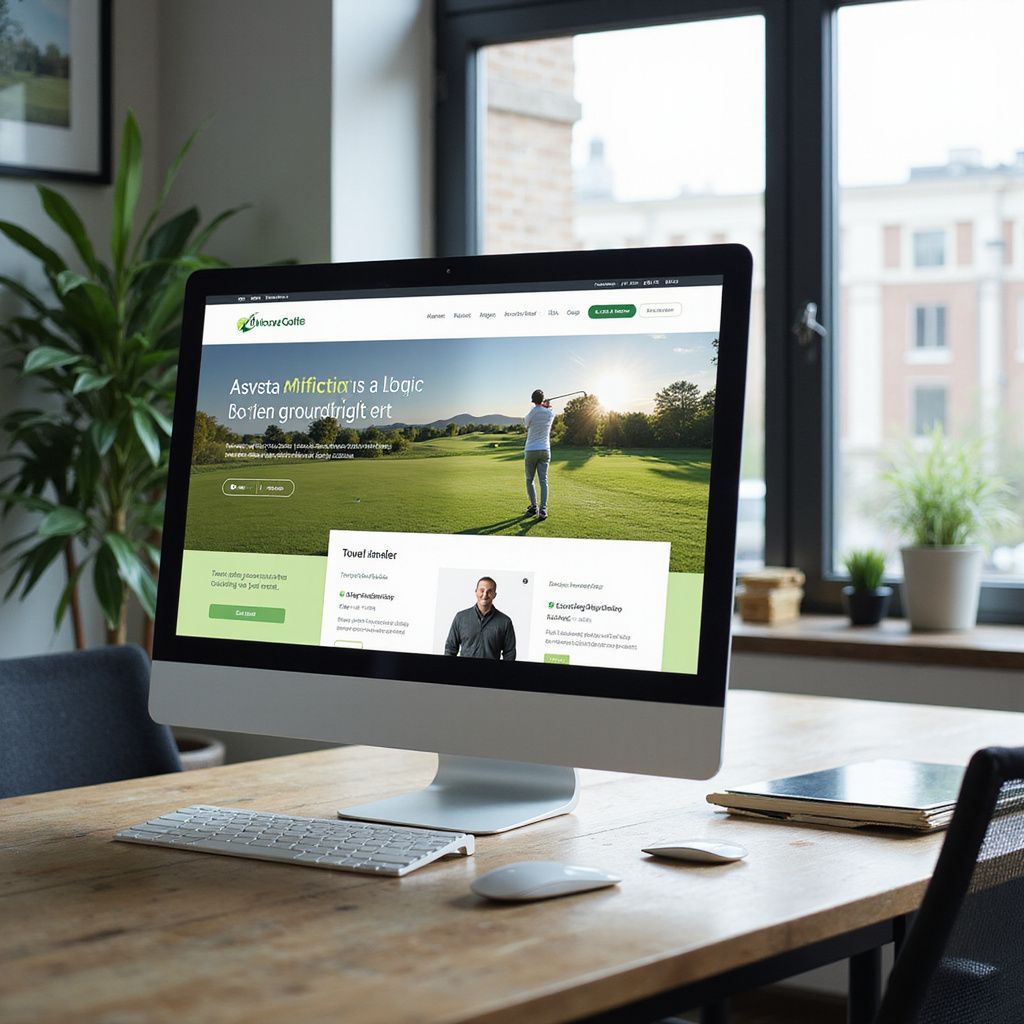 Desktop monitor on a wooden desk showing a website in a bright modern office