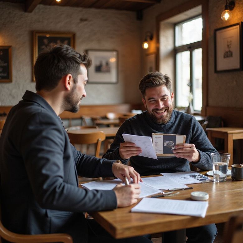 Two men at a café table, one smiling as he reads a paper while papers and coffee sit nearby.