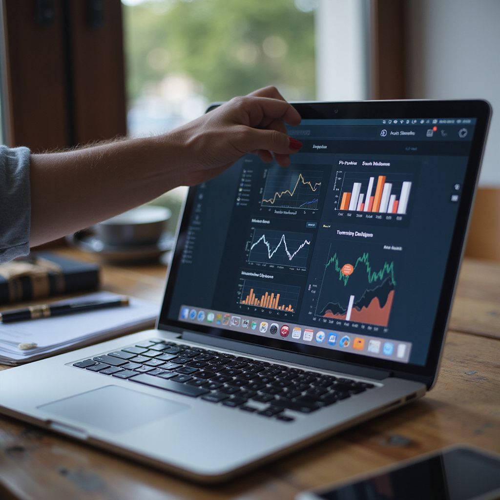 Hand pointing at a laptop showing analytics dashboards with charts and graphs