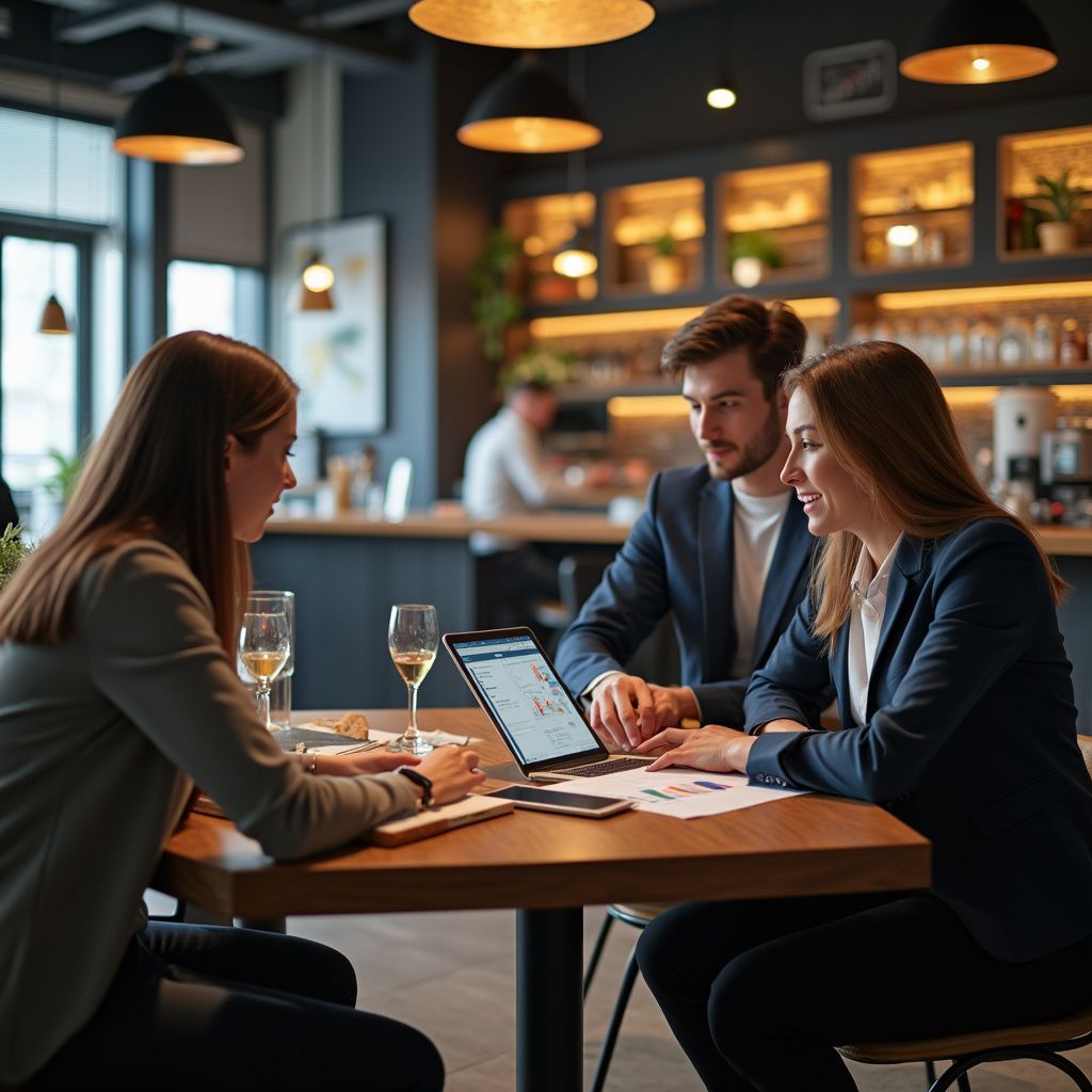 Three coworkers discuss a laptop at a café table with warm pendant lights and shelves in the background.